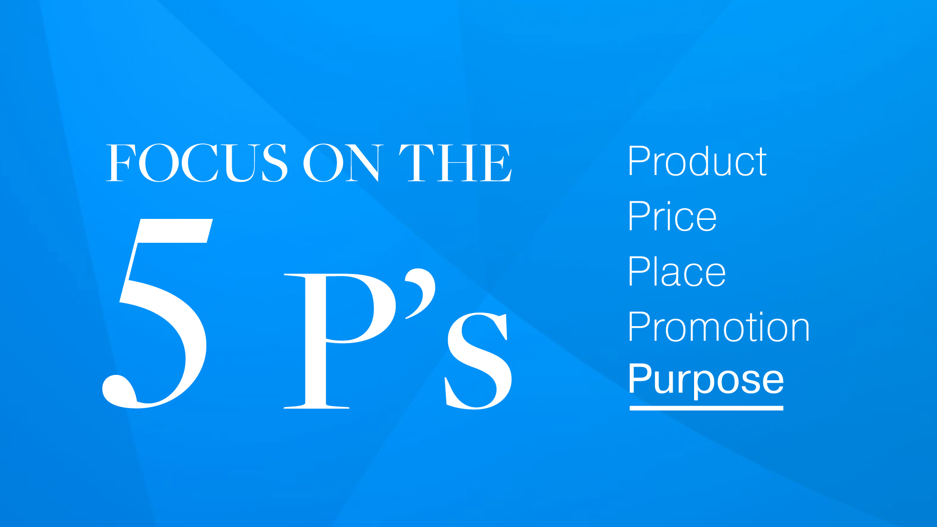 Blue graphic with white text displaying the Five P's of Marketing: Product, Price, Place, Promotion, Purpose