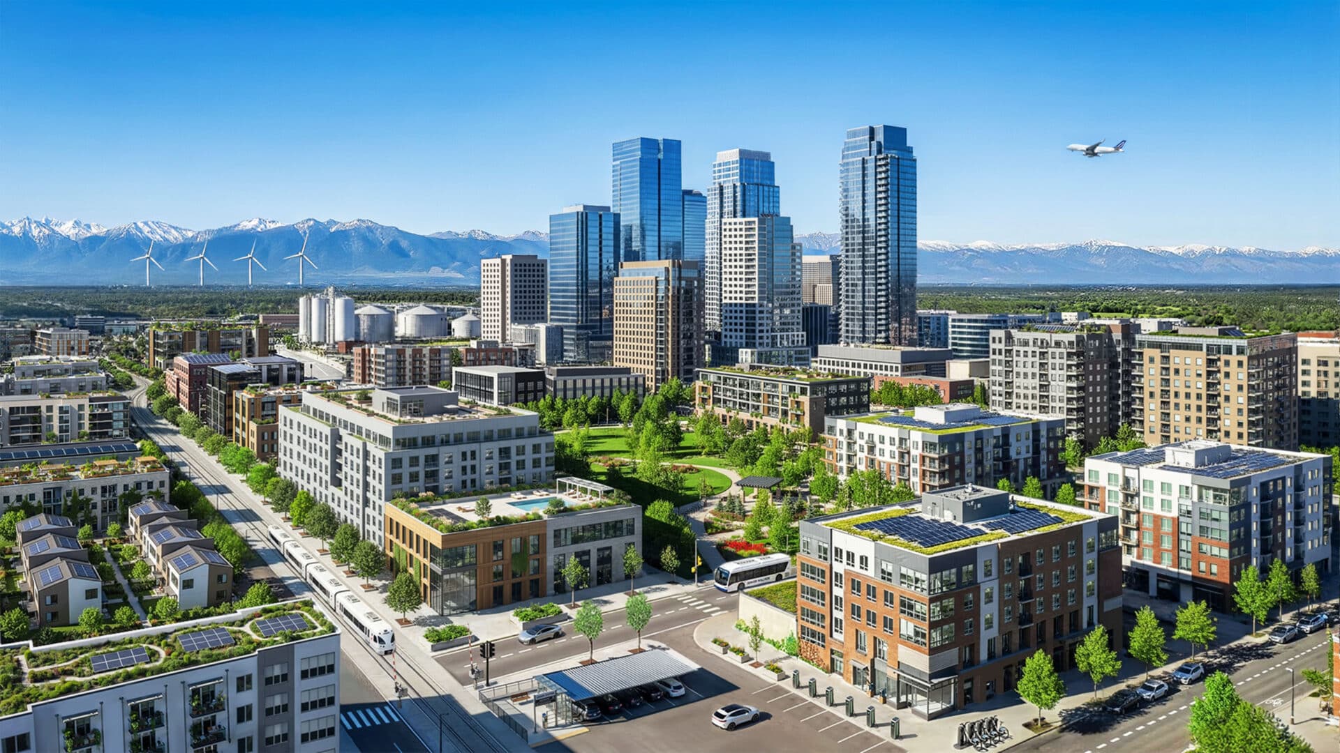 A colorful urban city set against blue sky and mountains. Tall skyscrapers are centered with urban parks, streets, a railway, and pedestrian paths. Mixed use residential buildings, commercial buildings, and single family homes in the foreground.