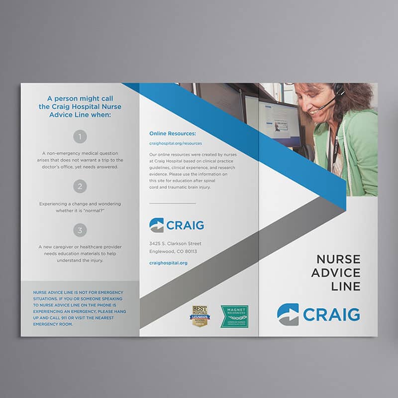 Nurse Advice Line Craig Hospital brochure mockup.