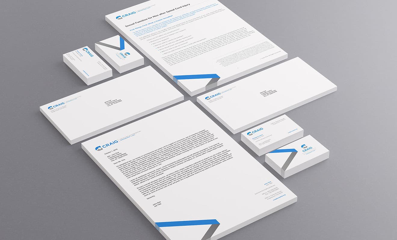 Mockups of letterhead, envelop, and business card for Craig Hospital.