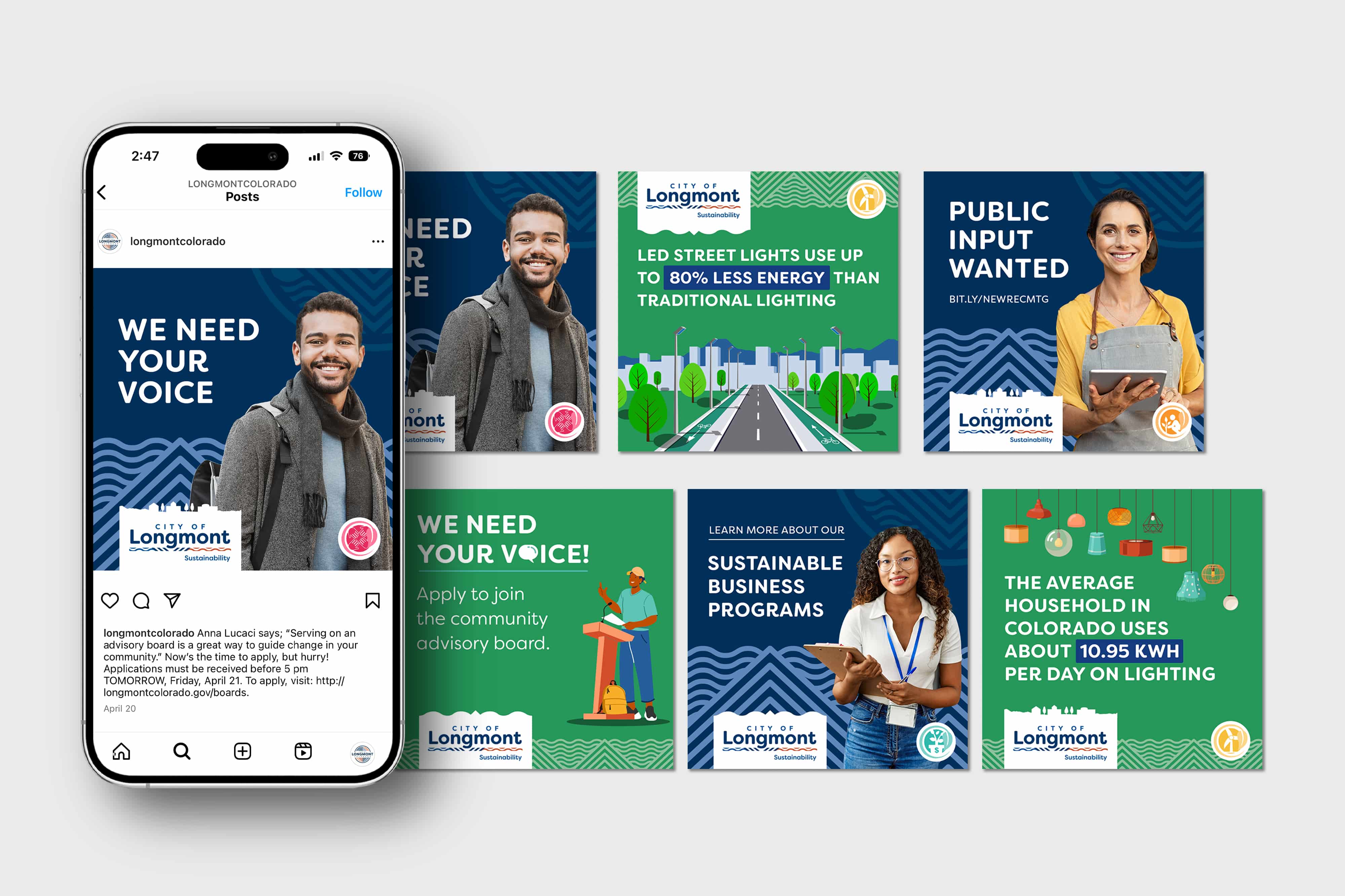 multiple screens of blue and green social media posts, featuring messages: "We need your voice"